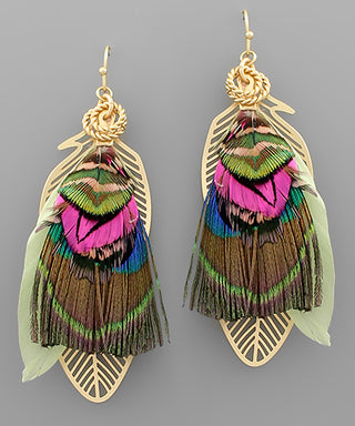 Color Feather And Filigree Leaf Earrings