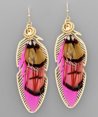Color Feather And Filigree Leaf Earrings