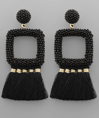 Square Seed Bead And Tassel Earrings
