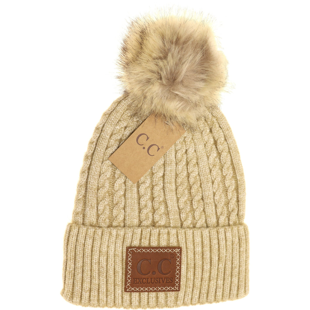 Double Braided Knit Faux Fur Pom Beanie