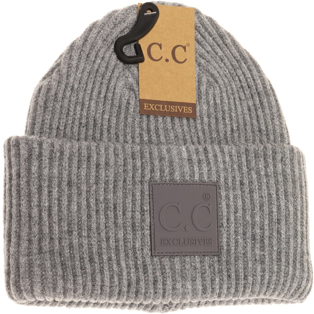 Solid Ribbed Beanie with Rubber Patch