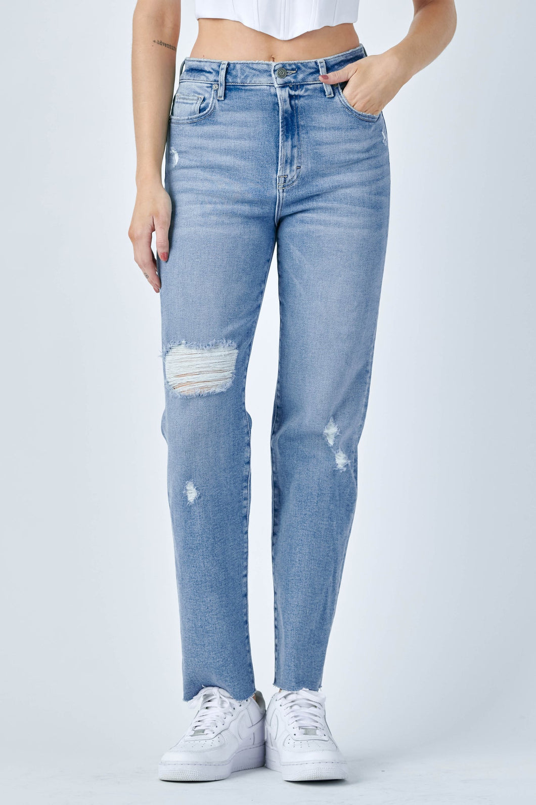 Tracey High Rise Classic Distressed Raw Hem Straight Jeans