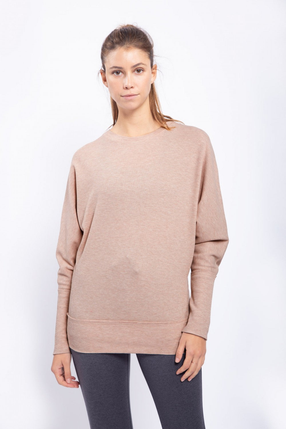 Dolman Sleeves Waffle Knit Pullover