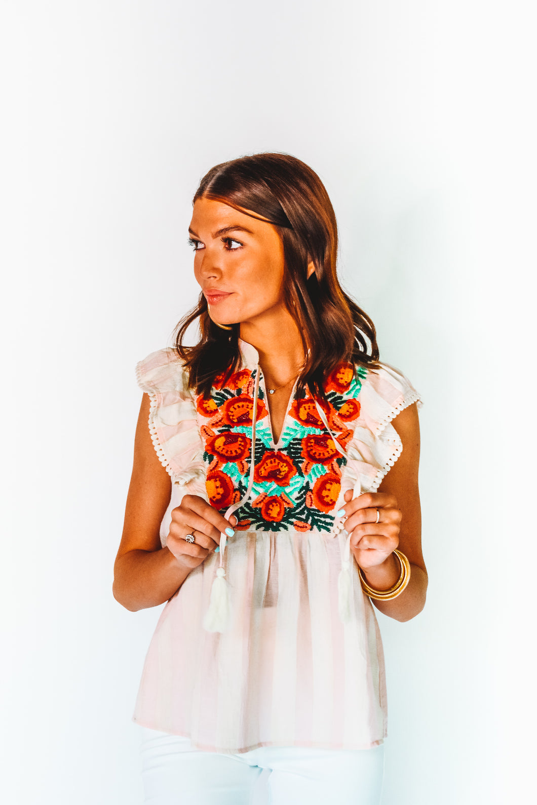 Stripe A Pose Embroidered Top